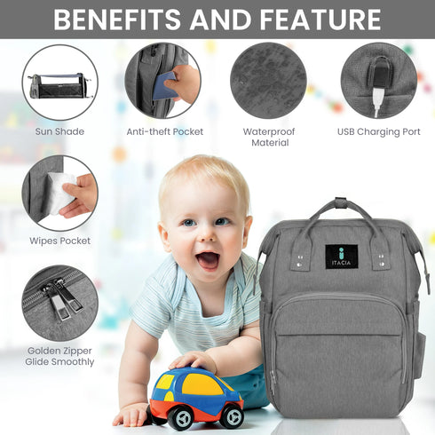 ITACIA Grey Baby Backpack – Chic, Waterproof & Convertible